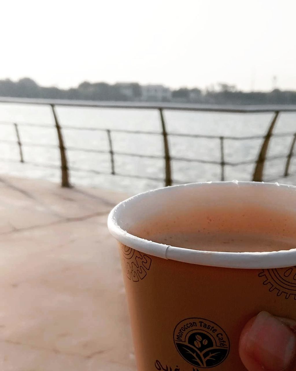 cup, drink, food and drink, mug, coffee cup, refreshment, coffee, day, focus on foreground, hot drink, nature, water, tea, railing, no people, outdoors, morning, close-up, sky, food, table