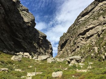 Low angle view of cliff against sky