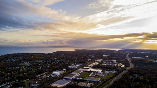 High angle view of cityscape against sky during sunset