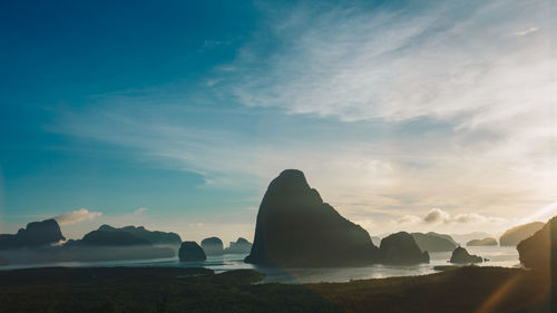 Panoramic view of sea and rocks against sky