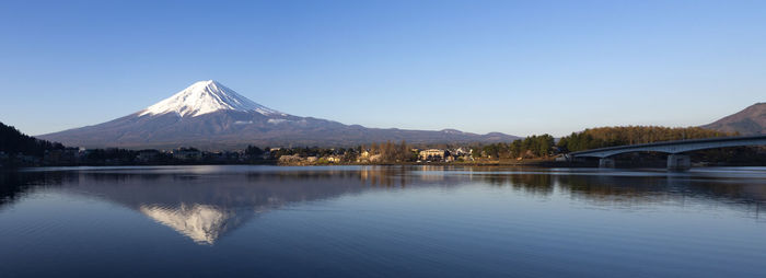 Scenic view of lake by mountains against clear blue sky