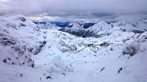 Scenic view of snow covered mountains