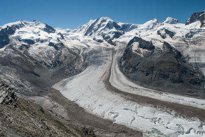 Scenic view of snowcapped mountains against clear sky