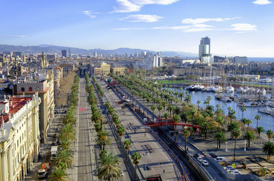 High angle view of street against sky in city