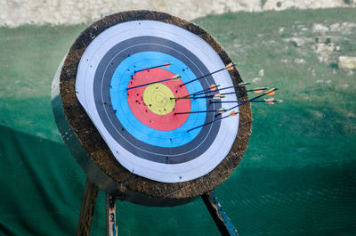 Close-up of arrows on target