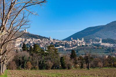 Scenic view of townscape against clear blue sky