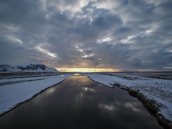 Scenic view of snow covered land against sky during winter