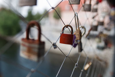 Close-up of padlocks on railing