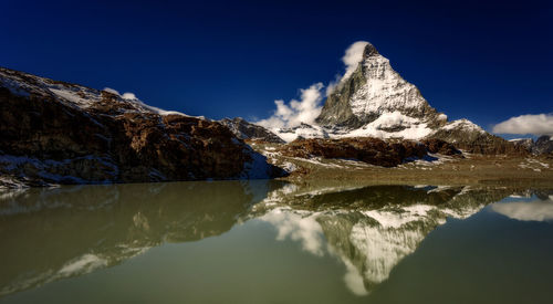 Scenic view of lake and snowcapped mountains against sky