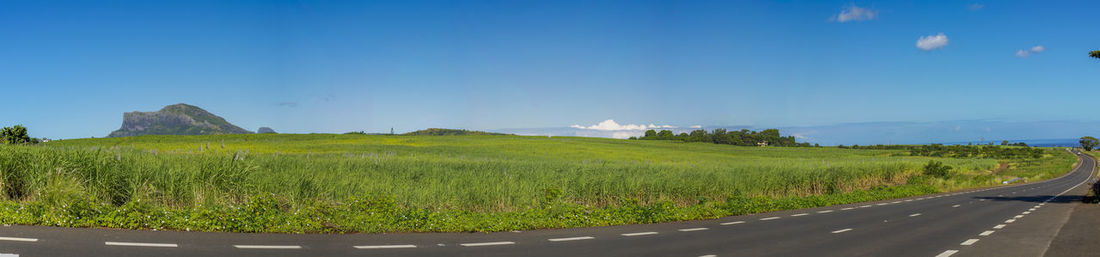 Panoramic shot of road amidst field against blue sky