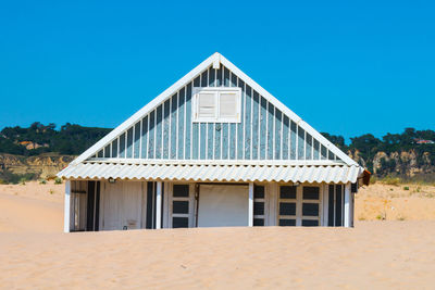 House on beach against clear blue sky