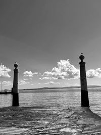 Lighthouse by sea against sky
