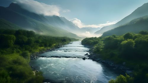 Scenic view of river amidst mountains against sky