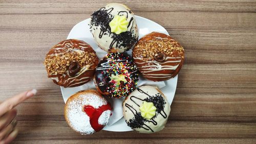 Close-up high angle view of doughnuts 