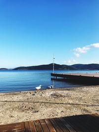 Scenic view of sea against clear blue sky