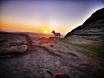 People on rock against sky during sunset