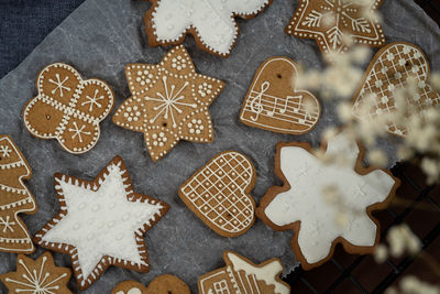 High angle view of cookies on christmas tree