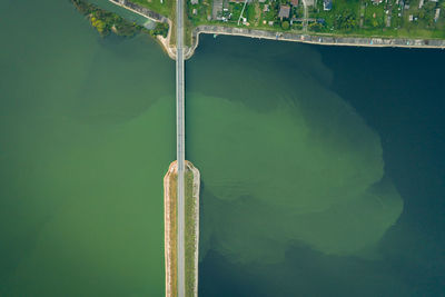 Aerial drone photo of modern bridge crossing deep blue lake. abstraction.