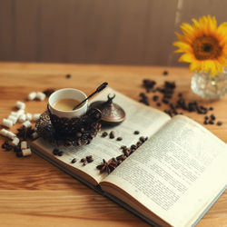 High angle view of coffee on table