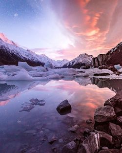 Scenic view of frozen landscape against sky at night