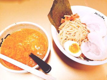 High angle view of meal served on table