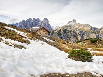 Dolomites, italy. rifugio langalm hut at tre cime di lavaredo, dolomites, italy. popular trek