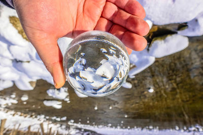 Close-up of human hand holding ice