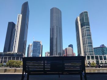 Low angle view of modern buildings against clear sky