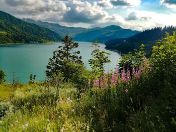 Scenic view of lake and mountains against sky