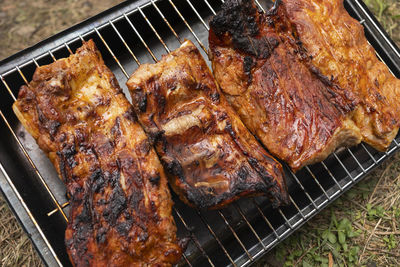 Close up grilled rack of pork ribs. meat barbecue in camping park, forest. meat on metal grille no