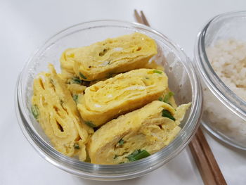 High angle view of noodles in bowl on table