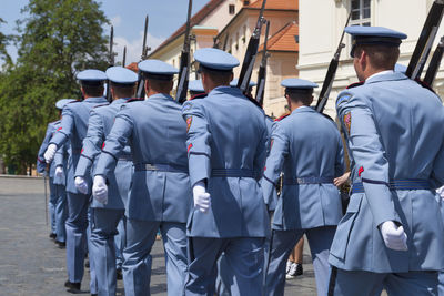 Prague, czech republic - june 14 2018 - troop of prague castle guards at hradcany castle.