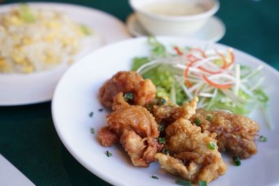 High angle view of food in plate on table