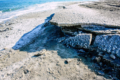 Rock formation on beach against sky