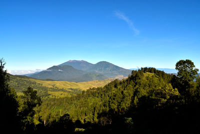 Scenic view of mountains against clear blue sky