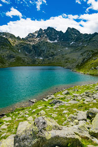 Scenic view of lake and mountains against sky