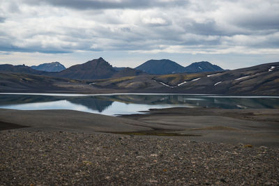 Scenic view of lake by mountains against sky