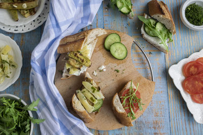 High angle view of food served on table