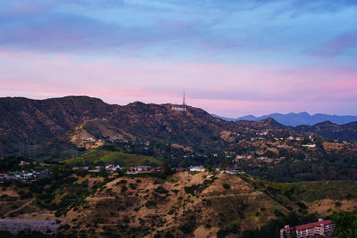 High angle view of townscape against sky during sunset