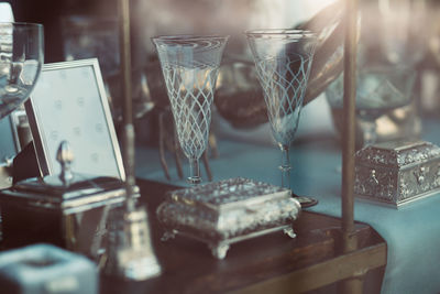 Close-up of glasses on table