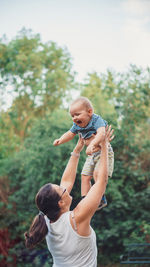 Mother and son on field