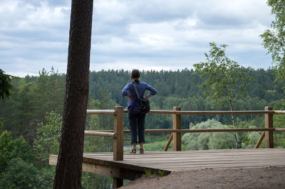 Rear view of woman standing by railing against sky looking over deep valley 