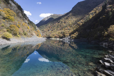 Scenic view of lake by mountains against sky