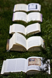 Close-up of open book on field