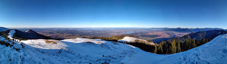 Scenic view of snowcapped mountains against clear blue sky