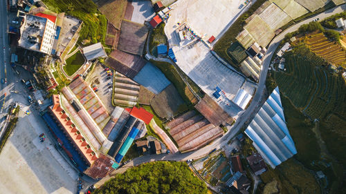 Aerial agricultural view of vegetables production field and greenhouse.