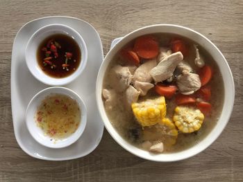 High angle view of soup in bowl on table