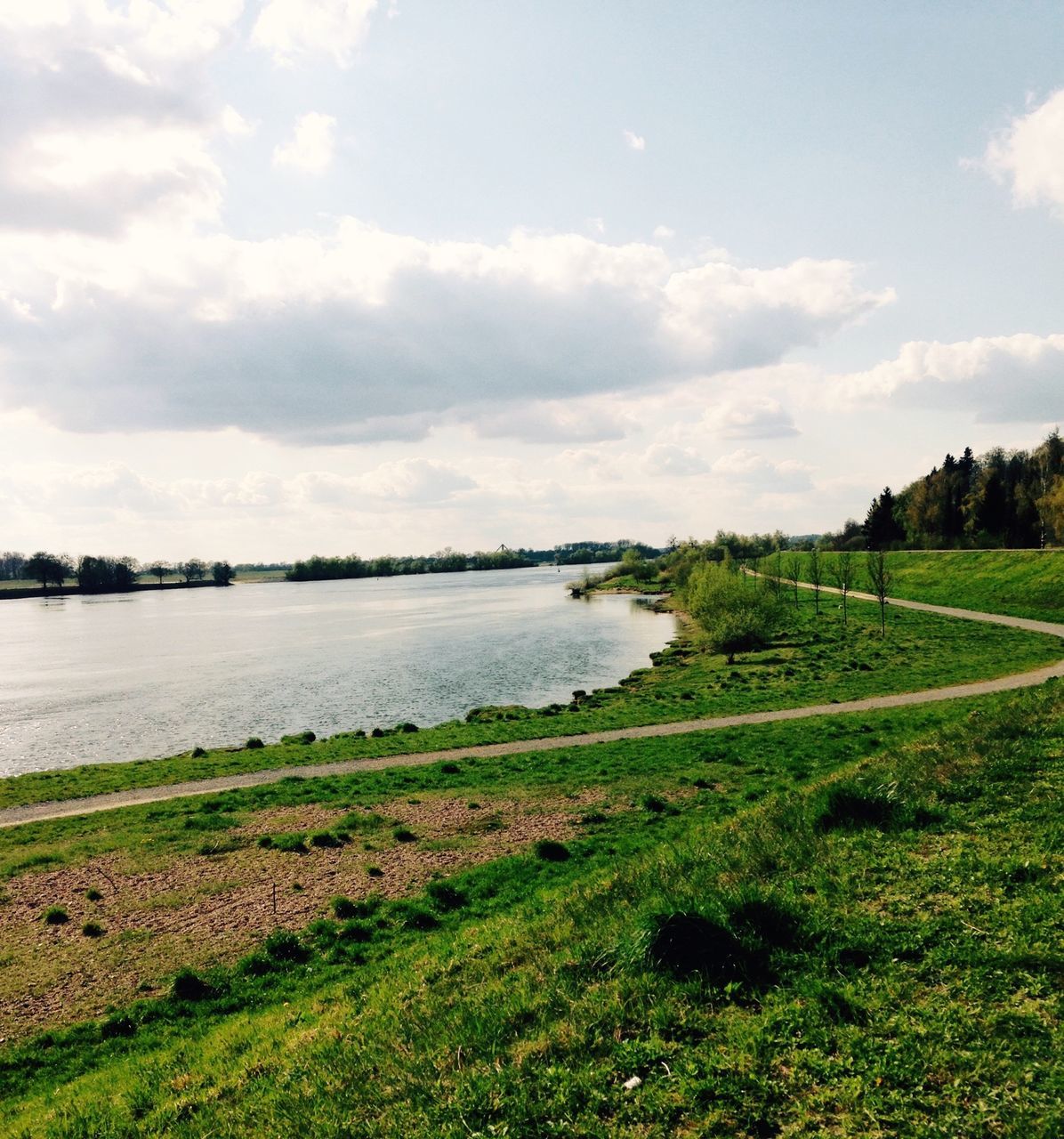 water, sky, tranquil scene, grass, tranquility, scenics, beauty in nature, nature, cloud - sky, landscape, cloud, field, lake, growth, green color, plant, river, idyllic, tree, cloudy