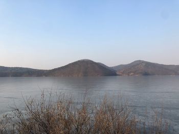 Scenic view of lake against clear sky