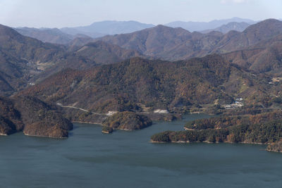 Scenic view of lake by mountains against sky